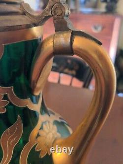Antique Art Glass Pitcher Green & Gold Gilt Bohemian Covered Flagon Art Nouveau