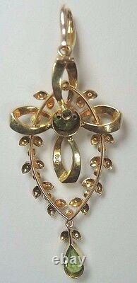 Antique Art NouVeau Peridot Seed Pearl 15CT Yellow Gold Cross Lavalier Pendant