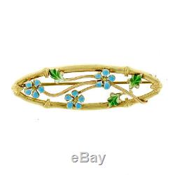 Antique Art Nouveau 10K Gold Green Blue Enamel Flower Leaf Open Work Pin Brooch
