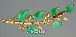 Antique Art Nouveau 14K Gold Apple Green Jade Jadeite Floral Branch Pendant Pin