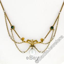 Antique Art Nouveau 14K Gold GIA Pearl Turquoise Green Enamel Collar Necklace