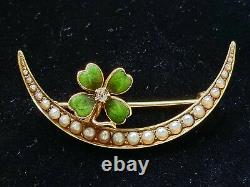 Antique Art Nouveau 14K Gold Pearl Diamond Crescent Moon Clover Brooch H A Kirby