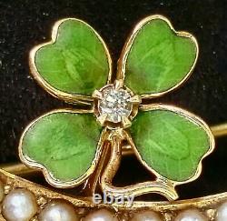 Antique Art Nouveau 14K Gold Pearl Diamond Crescent Moon Clover Brooch H A Kirby