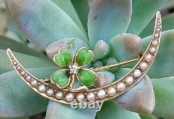 Antique Art Nouveau 14K Gold Pearl Diamond Crescent Moon Clover Brooch H A Kirby