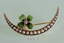 Antique Art Nouveau 14K Gold Pearl Diamond Crescent Moon Clover Brooch H A Kirby