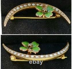 Antique Art Nouveau 14K Gold Pearl Diamond Crescent Moon Clover Brooch H A Kirby