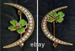 Antique Art Nouveau 14K Gold Pearl Diamond Crescent Moon Clover Brooch H A Kirby