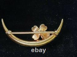 Antique Art Nouveau 14K Gold Pearl Diamond Crescent Moon Clover Brooch H A Kirby