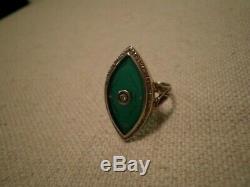 Antique Art Nouveau 14K White Gold Intaglio Green Onyx / Diamond Ring