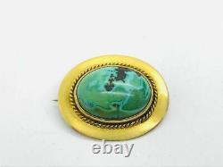 Antique Art Nouveau 14K Yellow Gold Green Matrix Turquoise Brooch Pin