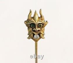 Antique Art Nouveau 14k Devil Head Stick Pin, Diamond, Green Stones