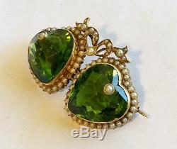Antique Art Nouveau 14k Double Heart Pin With Green Heart Shaped Stones & Pearls