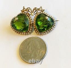 Antique Art Nouveau 14k Double Heart Pin With Green Heart Shaped Stones & Pearls