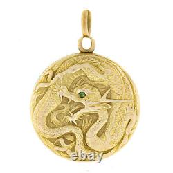 Antique Art Nouveau 14k Gold Detailed Dragon Repousse Medallion Locket Pendant