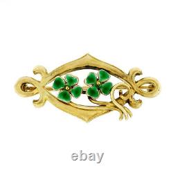 Antique Art Nouveau 14k Gold Green Enamel Clover Flower Open Marquise Brooch Pin