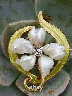 Antique Art Nouveau 14k Gold River Pearl Diamond Enamel Flower Brooch Bippart
