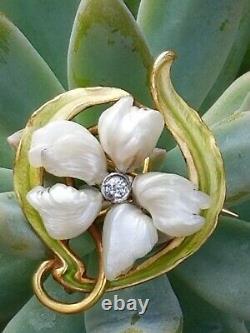 Antique Art Nouveau 14k Gold River Pearl Diamond Enamel Flower Brooch Bippart