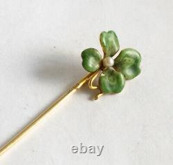 Antique Art Nouveau 14k Green Enamel Four Leaf Clover Stick Pin