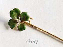 Antique Art Nouveau 14k Green Enamel Four Leaf Clover Stick Pin