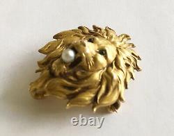 Antique Art Nouveau 14k Lion Head Pin/Holder, Pearl, Green Eyes