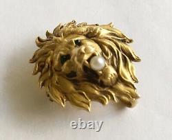 Antique Art Nouveau 14k Lion Head Pin/Holder, Pearl, Green Eyes