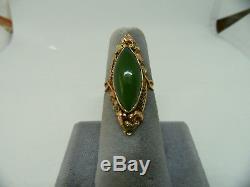Antique Art Nouveau 14k Rose Green Gold Natural Jade Elongated Arts Crafts Ring