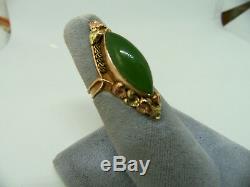 Antique Art Nouveau 14k Rose Green Gold Natural Jade Elongated Arts Crafts Ring