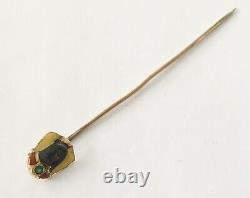 Antique Art Nouveau 14k Stick Pin, Enameled Arabian Head, Green Stone