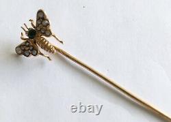 Antique Art Nouveau 14k Stick Pin, Fly With Pearls & Green Head