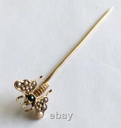 Antique Art Nouveau 14k Stick Pin, Fly With Pearls & Green Head
