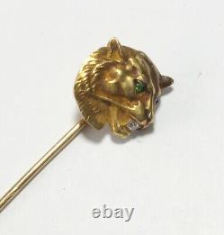 Antique Art Nouveau 14k Stick Pin, Panther Head, Diamond, Green Eyes