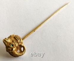 Antique Art Nouveau 14k Stick Pin, Rams Head, Green Eye