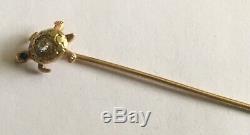 Antique Art Nouveau 14k Stick Pin With Multi Colored Gold, Diamond, Green Stone