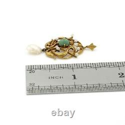Antique Art Nouveau 14k Yellow Gold Green Turquoise & Seed Pearl Pendant #e83-3