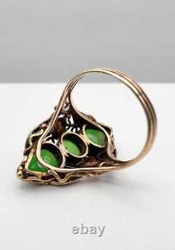 Antique Art Nouveau 14k Yellow Gold Natural Green Apple Jade Floral Ring