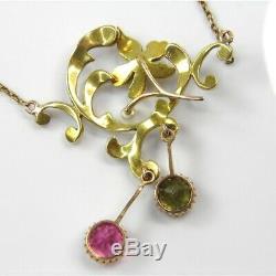 Antique Art Nouveau 15ct gold pearl green & pink tourmaline negligee pendant