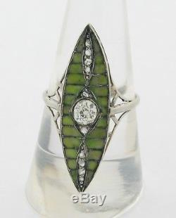 Antique Art Nouveau. 45 Cushon Cut Diamond Green Plique A Jour Platinum Ring