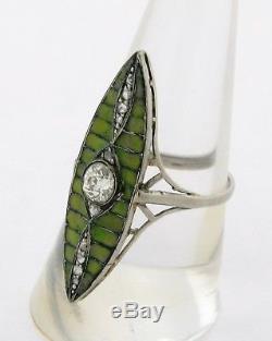 Antique Art Nouveau. 45 Cushon Cut Diamond Green Plique A Jour Platinum Ring
