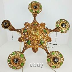 Antique Art Nouveau 5 Bulb Ornate Deco Brass Tone Metal Hanging Chandelier Light