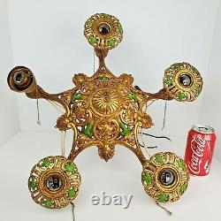 Antique Art Nouveau 5 Bulb Ornate Deco Brass Tone Metal Hanging Chandelier Light