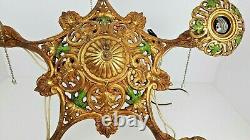 Antique Art Nouveau 5 Bulb Ornate Deco Brass Tone Metal Hanging Chandelier Light