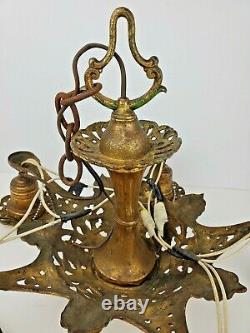 Antique Art Nouveau 5 Bulb Ornate Deco Brass Tone Metal Hanging Chandelier Light