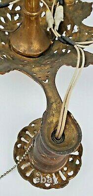 Antique Art Nouveau 5 Bulb Ornate Deco Brass Tone Metal Hanging Chandelier Light