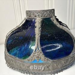 Antique Art Nouveau 6 Panel Blue/Green Bent Glass Slag Table Lamp Shade ONLY