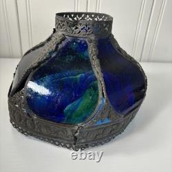 Antique Art Nouveau 6 Panel Blue/Green Bent Glass Slag Table Lamp Shade ONLY