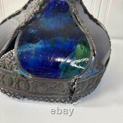 Antique Art Nouveau 6 Panel Blue/Green Bent Glass Slag Table Lamp Shade ONLY