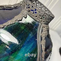 Antique Art Nouveau 6 Panel Blue/Green Bent Glass Slag Table Lamp Shade ONLY