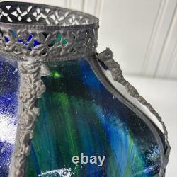 Antique Art Nouveau 6 Panel Blue/Green Bent Glass Slag Table Lamp Shade ONLY