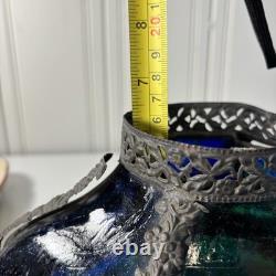 Antique Art Nouveau 6 Panel Blue/Green Bent Glass Slag Table Lamp Shade ONLY
