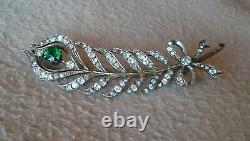 Antique Art Nouveau 900 Silver Diamond Paste Green Garnet Brooch Peacock Feather